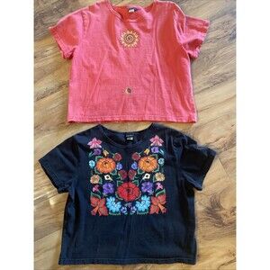 2 Sabaku Artwear Women’s T Shirts Large Floral Sun Black Coral Boxy Shirts